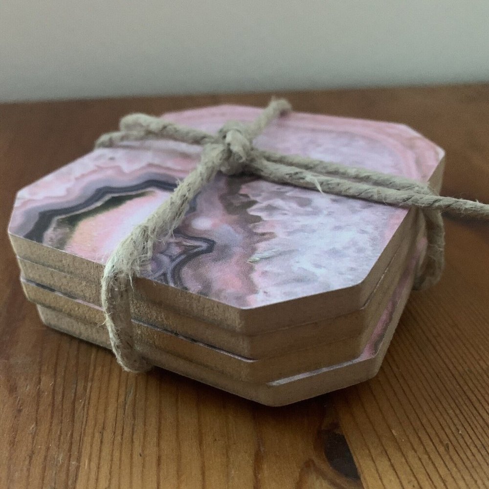 Deny Designs set of 4 square coasters pink marbed quartz mineral design